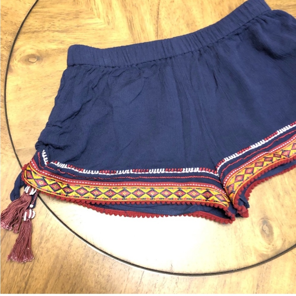 Band of gypsies blue shorts. Boho, festive, beaded tassels on side.